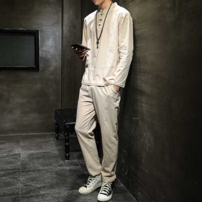 Men's Spring Cotton-Linen Long-Sleeve Top And Pants Set In Tang Suit Style