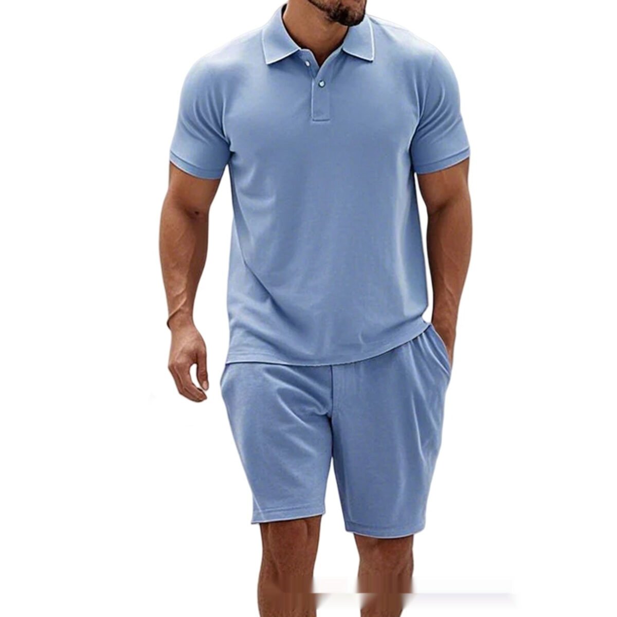 Zip Up Short Sleeve Shorts Men's Casual Set