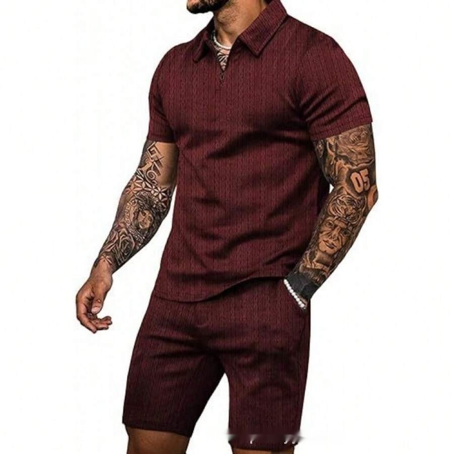 Zip Up Short Sleeve Shorts Men's Casual Set