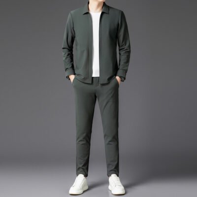 Autumn New Lapel Zip-up Cardigan Coat Jacket Trendy Trousers Mens Two-piece Set
