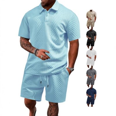 Men's Jacquard Polo Thin Collar Plaid Short-Sleeve Set
