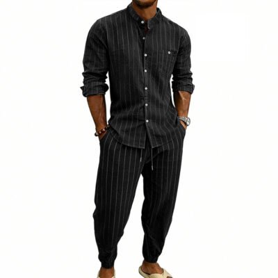 High-street Striped Henley Shirt Jogger Pants