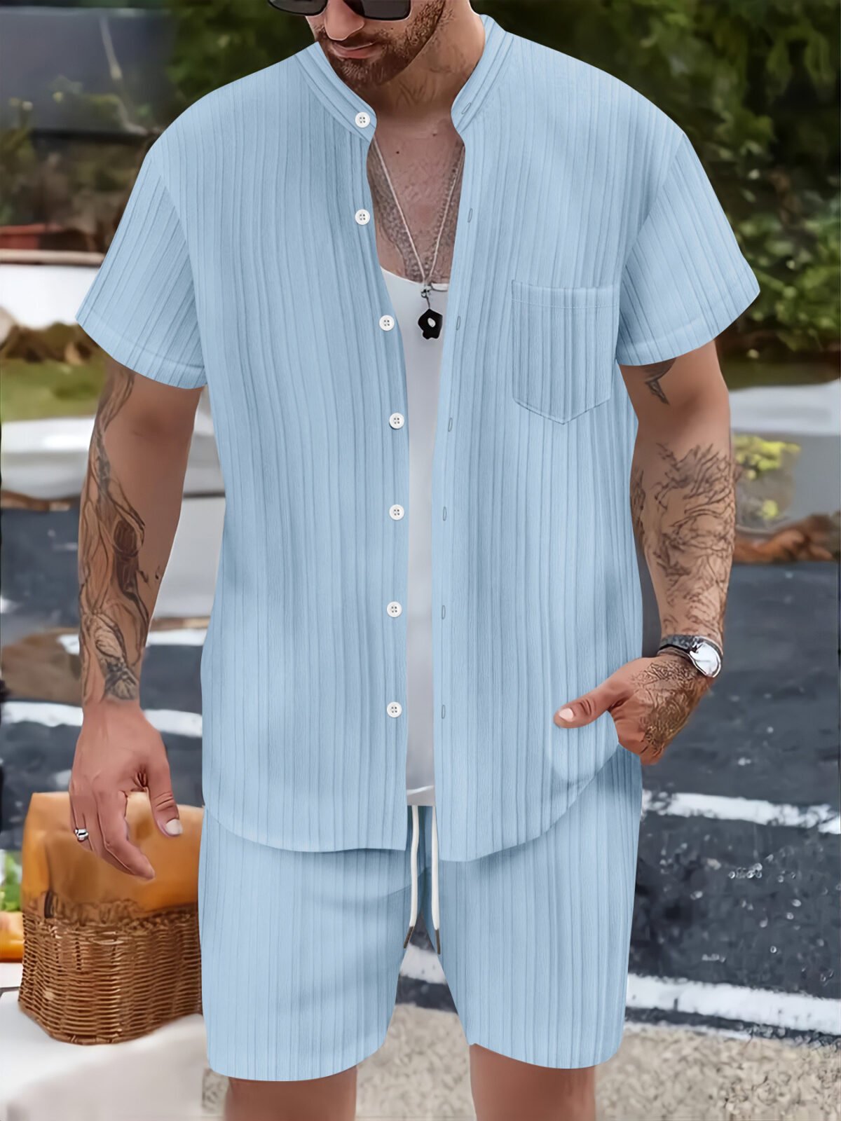 Fashionable Casual Stand Collar Pocket Short-Sleeve Shirt And Mens Shorts Two-Piece Set