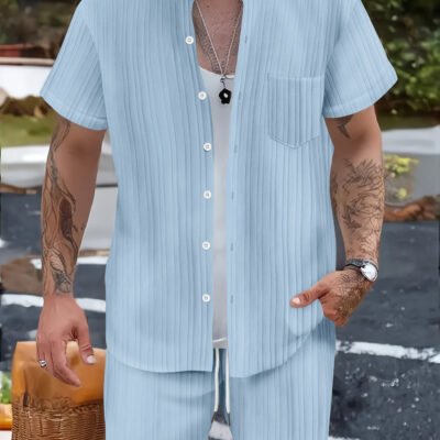 Fashionable Casual Stand Collar Pocket Short-Sleeve Shirt And Mens Shorts Two-Piece Set