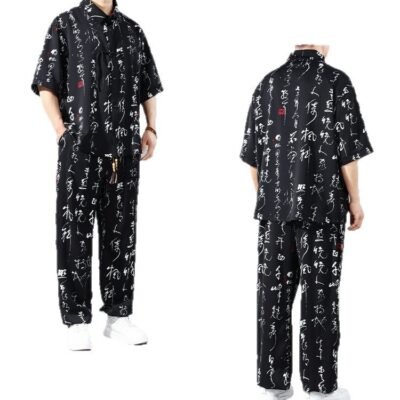 Mens Slim-fit Ice Silk Shirt And Pants Two-piece Set With Chinese-style Knot Buttons