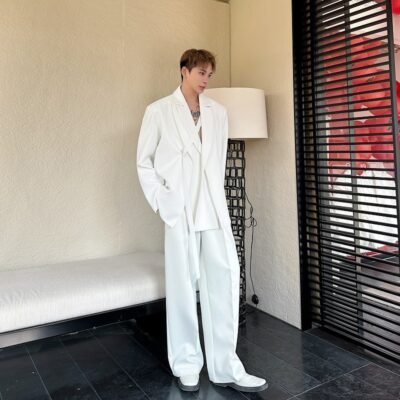 Mens Solid-Colored Casual Tie-Front Suit Wide-Leg Leisure Pants Set