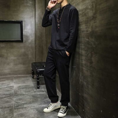 Men's Spring Cotton-Linen Long-Sleeve Top And Pants Set In Tang Suit Style