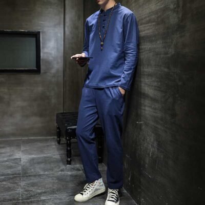 Men's Spring Cotton-Linen Long-Sleeve Top And Pants Set In Tang Suit Style