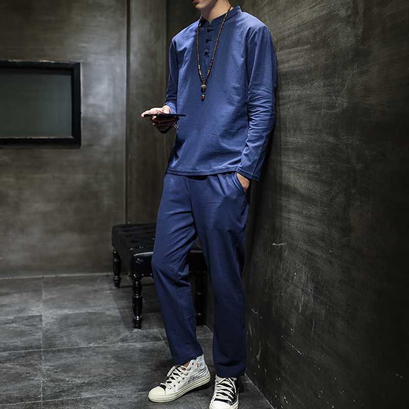 Men's Spring Cotton-Linen Long-Sleeve Top And Pants Set In Tang Suit Style