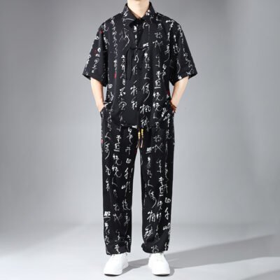 Mens Slim-fit Ice Silk Shirt And Pants Two-piece Set With Chinese-style Knot Buttons