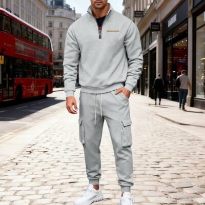 Fleece-lined Half-Zip Stand Collar Solid Color Casual Sweatshirt And Pants Set