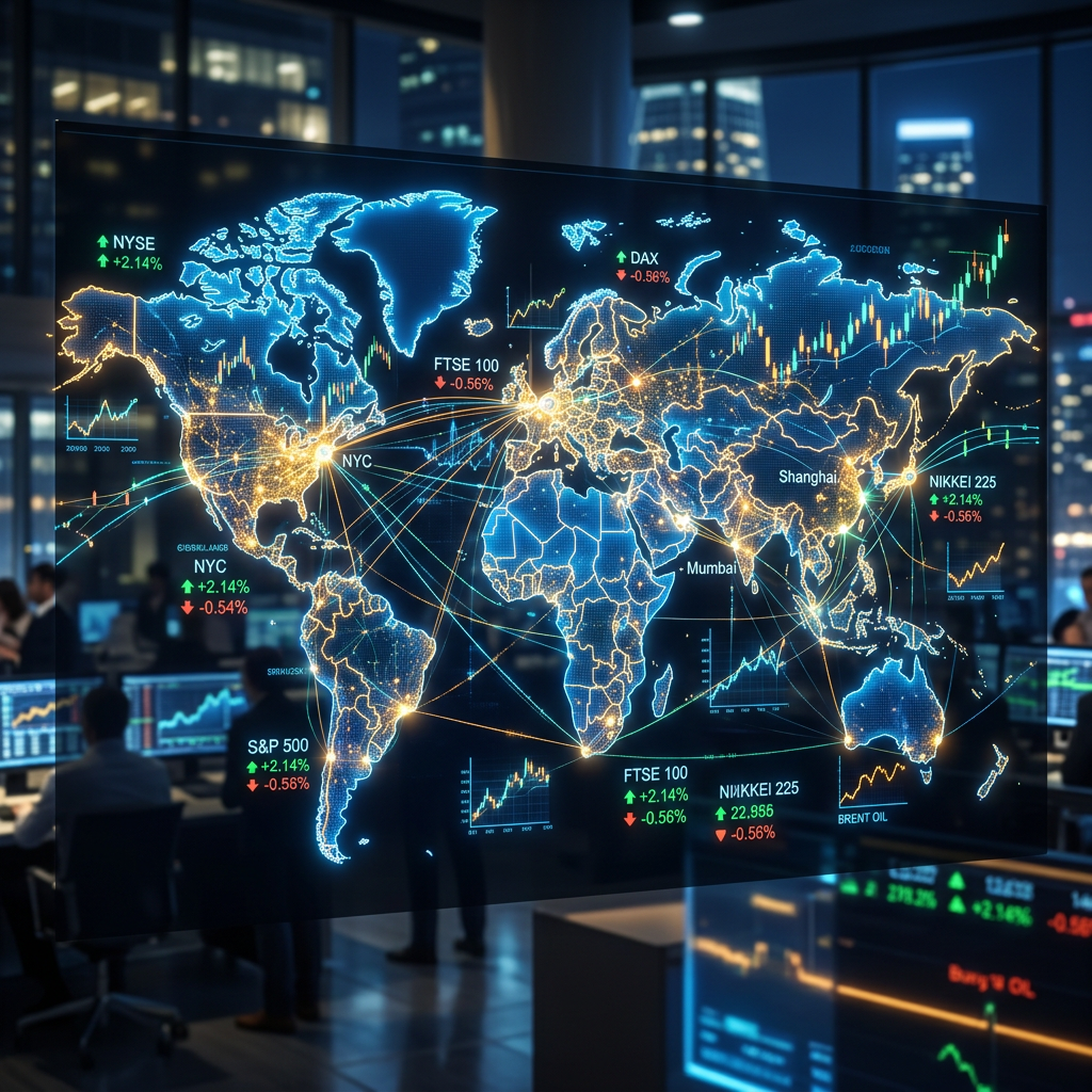 World map highlighting major global stock indices with live market data and connectivity lines