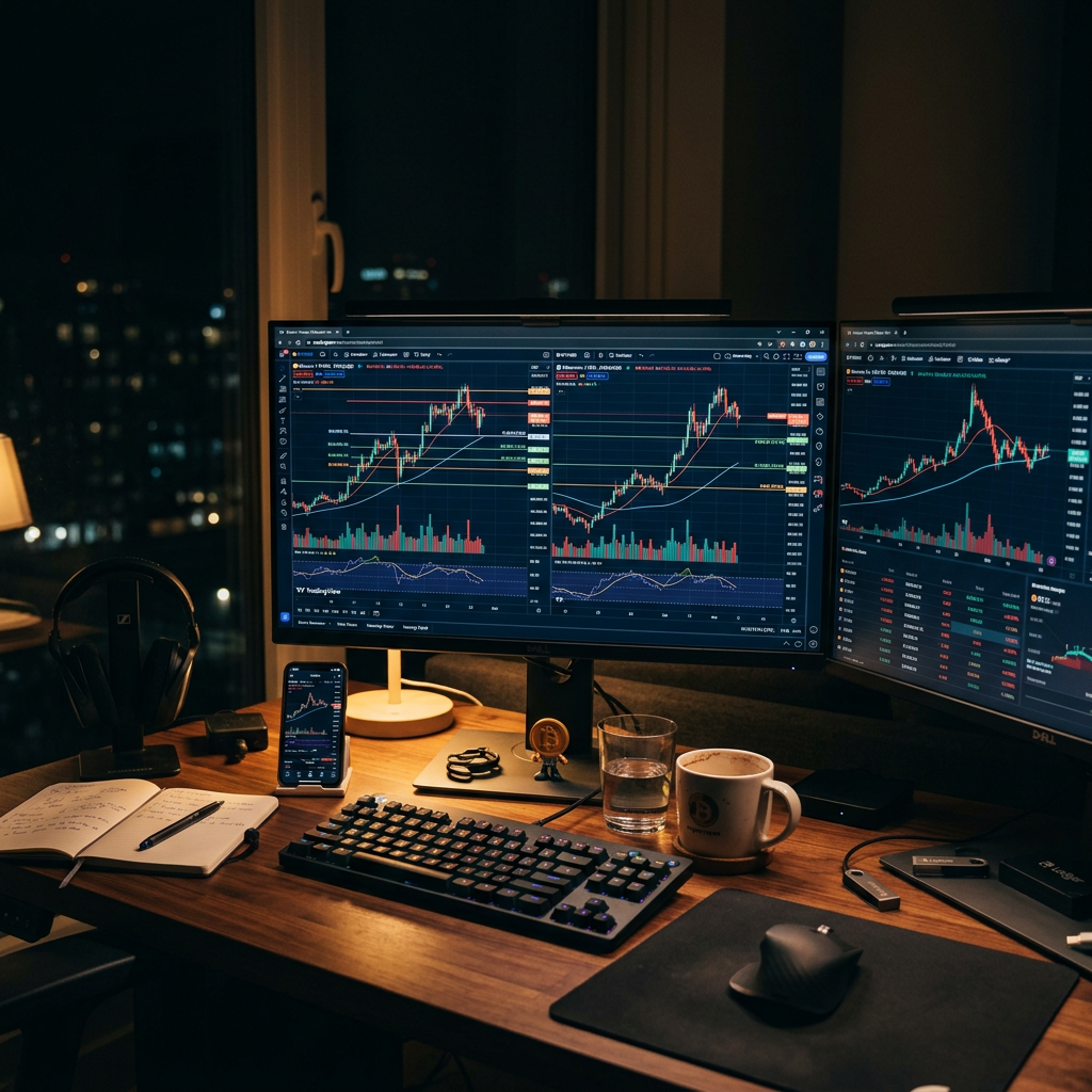 Workspace with three monitors showing cryptocurrency price charts and trading data