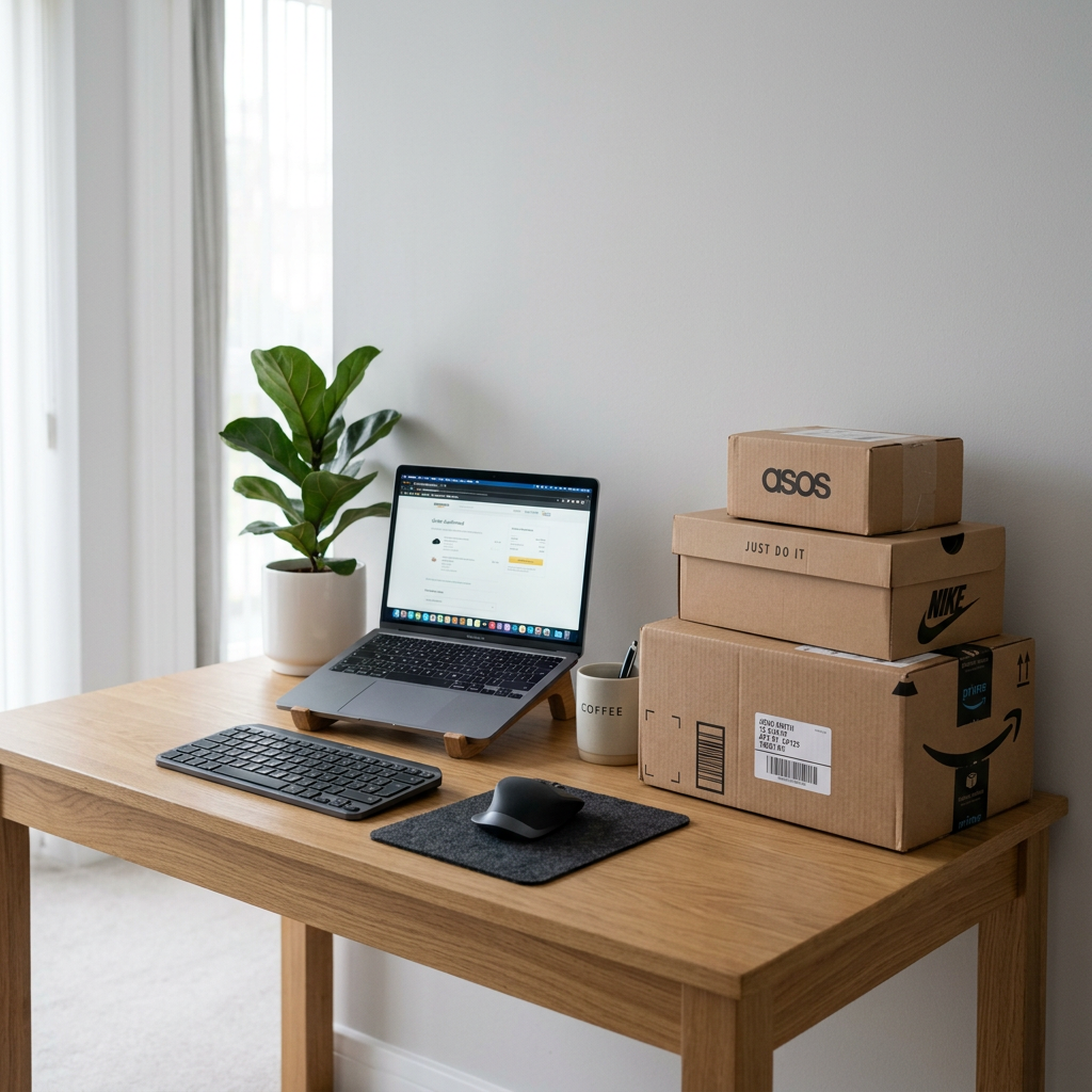 Wooden desk with laptop on stand, wireless keyboard and mouse, coffee mug, green potted plant, and three stacked delivery boxes from Amazon, Nike, and ASOS.
