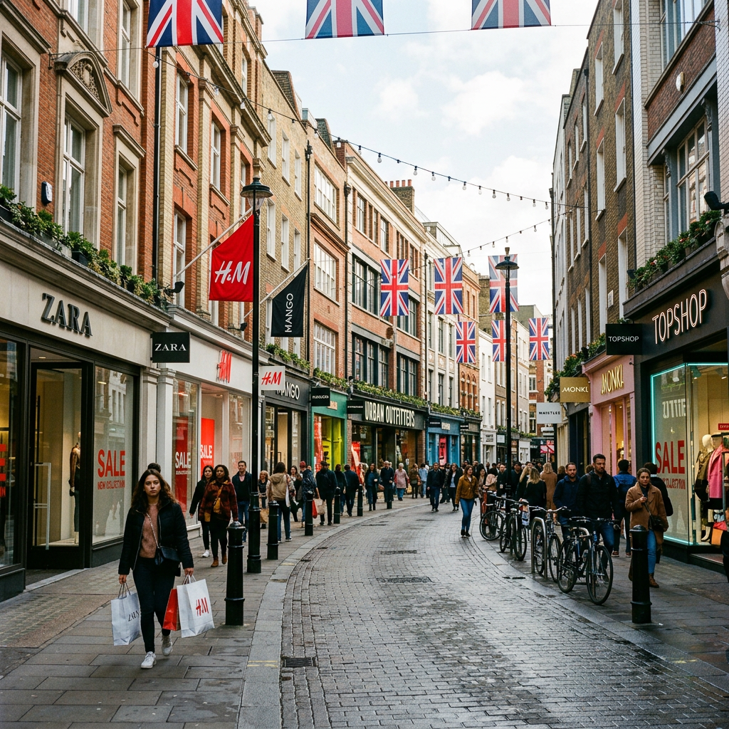Street with Zara, H&M, Mango, Urban Outfitters, and Topshop stores with shoppers and UK flags overhead