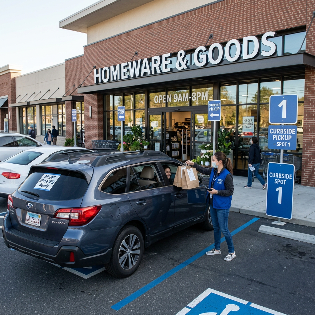 Store employee wearing mask delivering curbside pickup bags to customer in car at Homeware & Goods