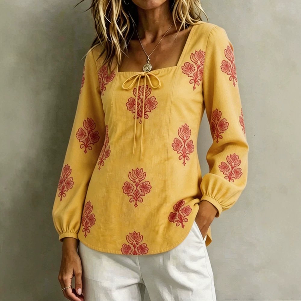 Womens Casual Long-sleeve Square-neck Top With A Standard Digital Print - Image 2