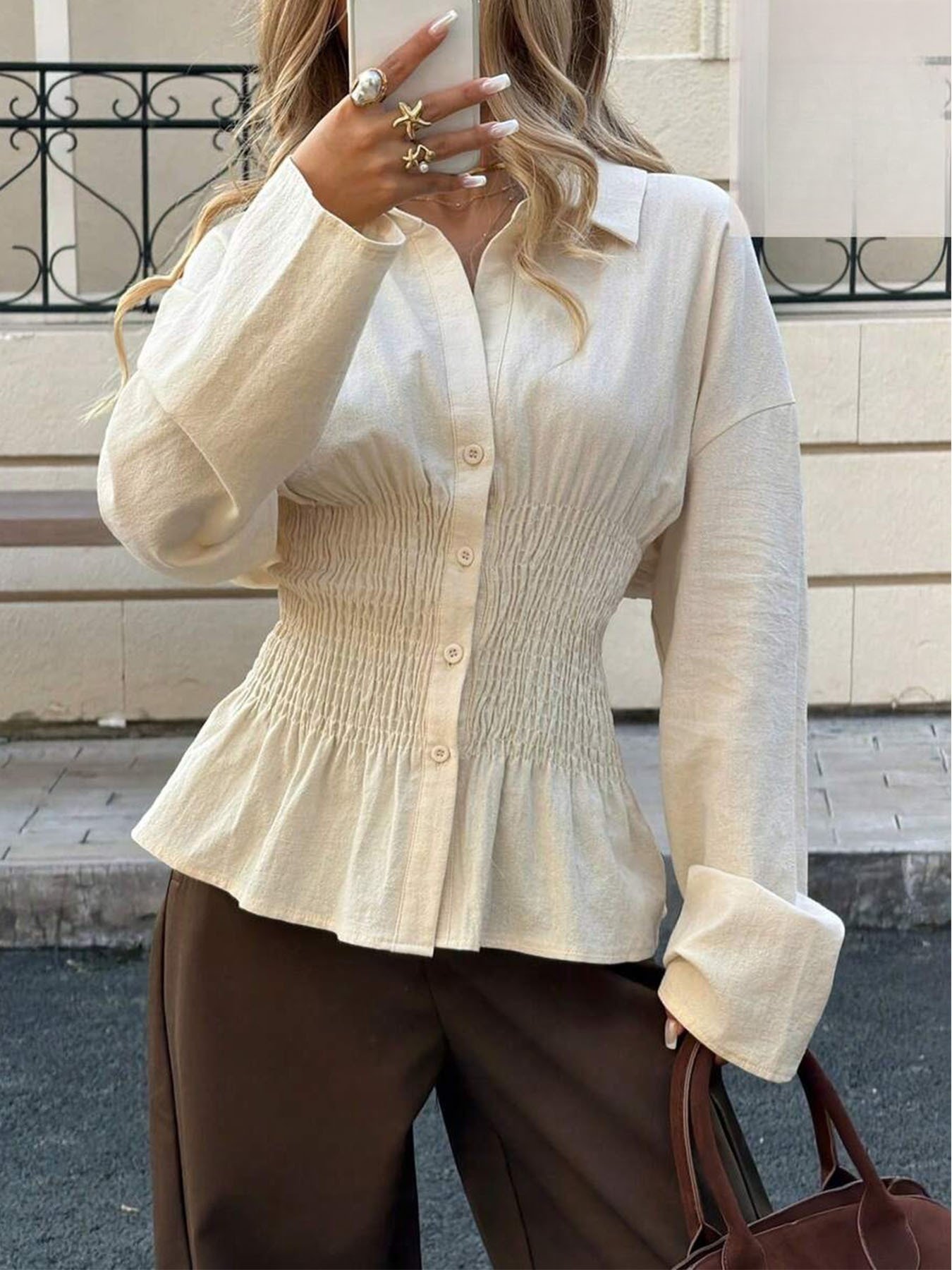 Elegant Solid-color Pleated Waist-cinching Blouse Top - Image 6