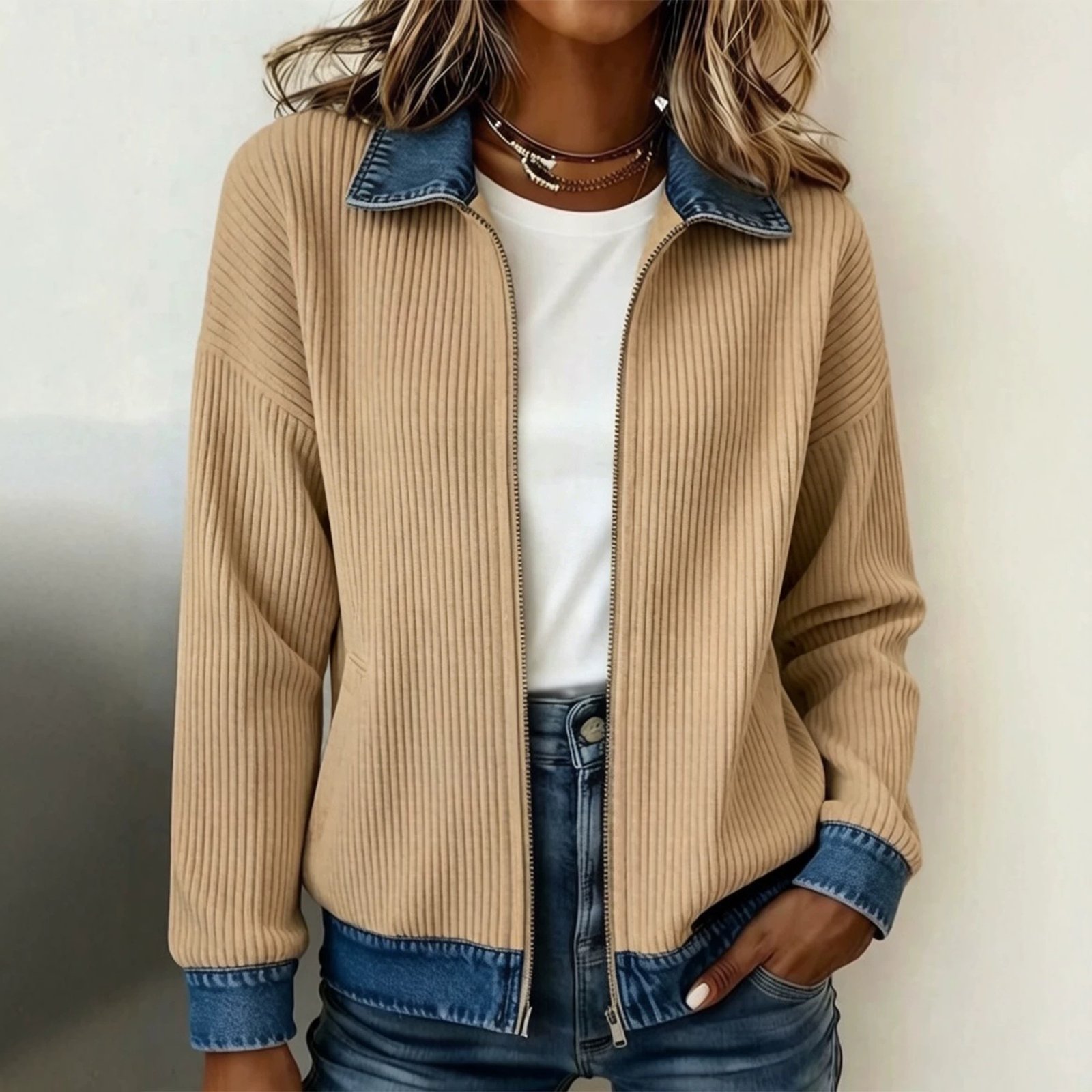 Knitted Patchwork Denim Shirt Womens Cardigan Coat - Image 2