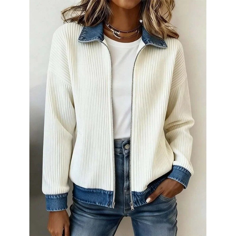 Knitted Patchwork Denim Shirt Womens Cardigan Coat - Image 6