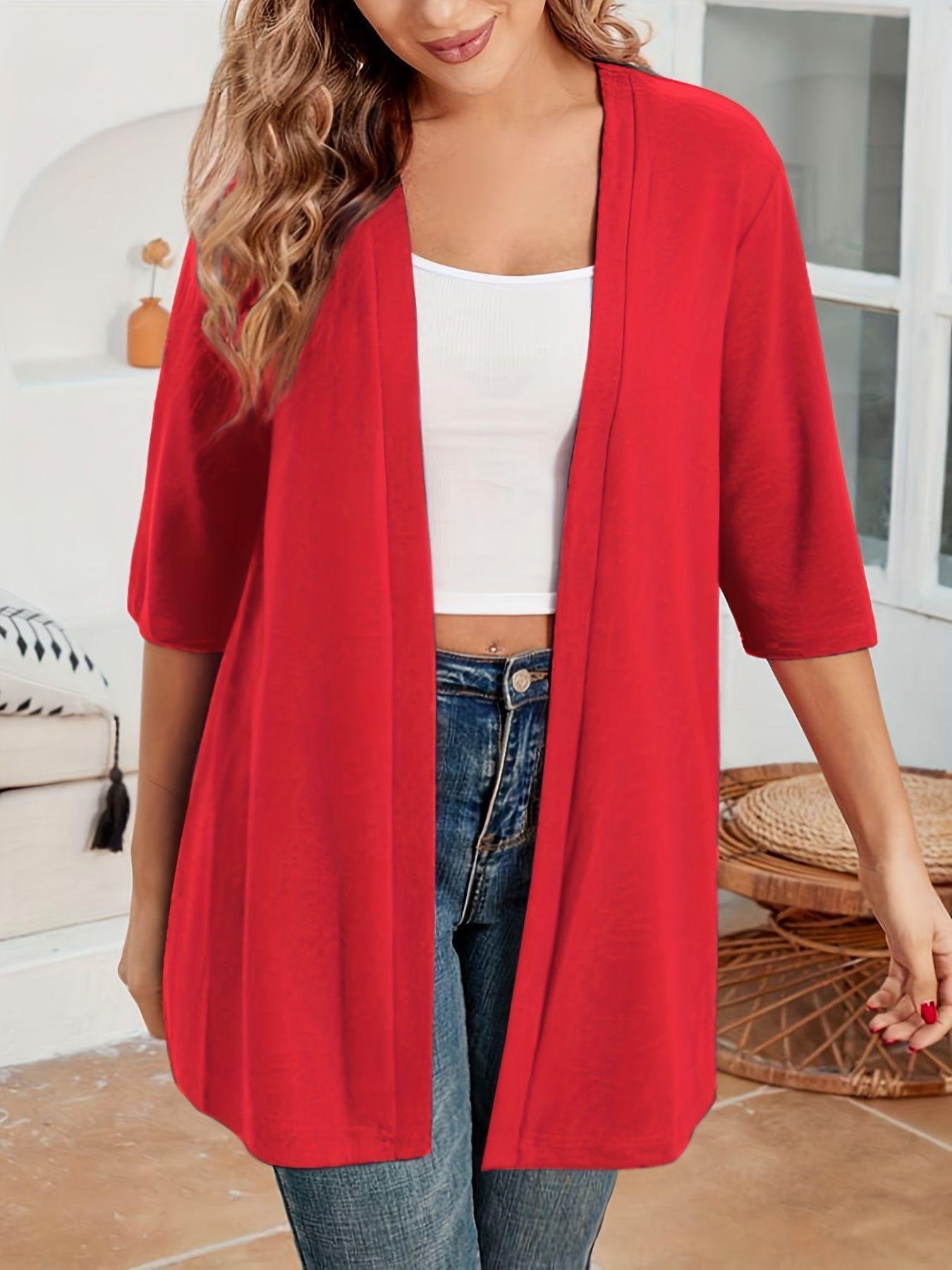 Womens Mid-Length Lightly Stretchy Cardigan With Short Sleeves - Image 2