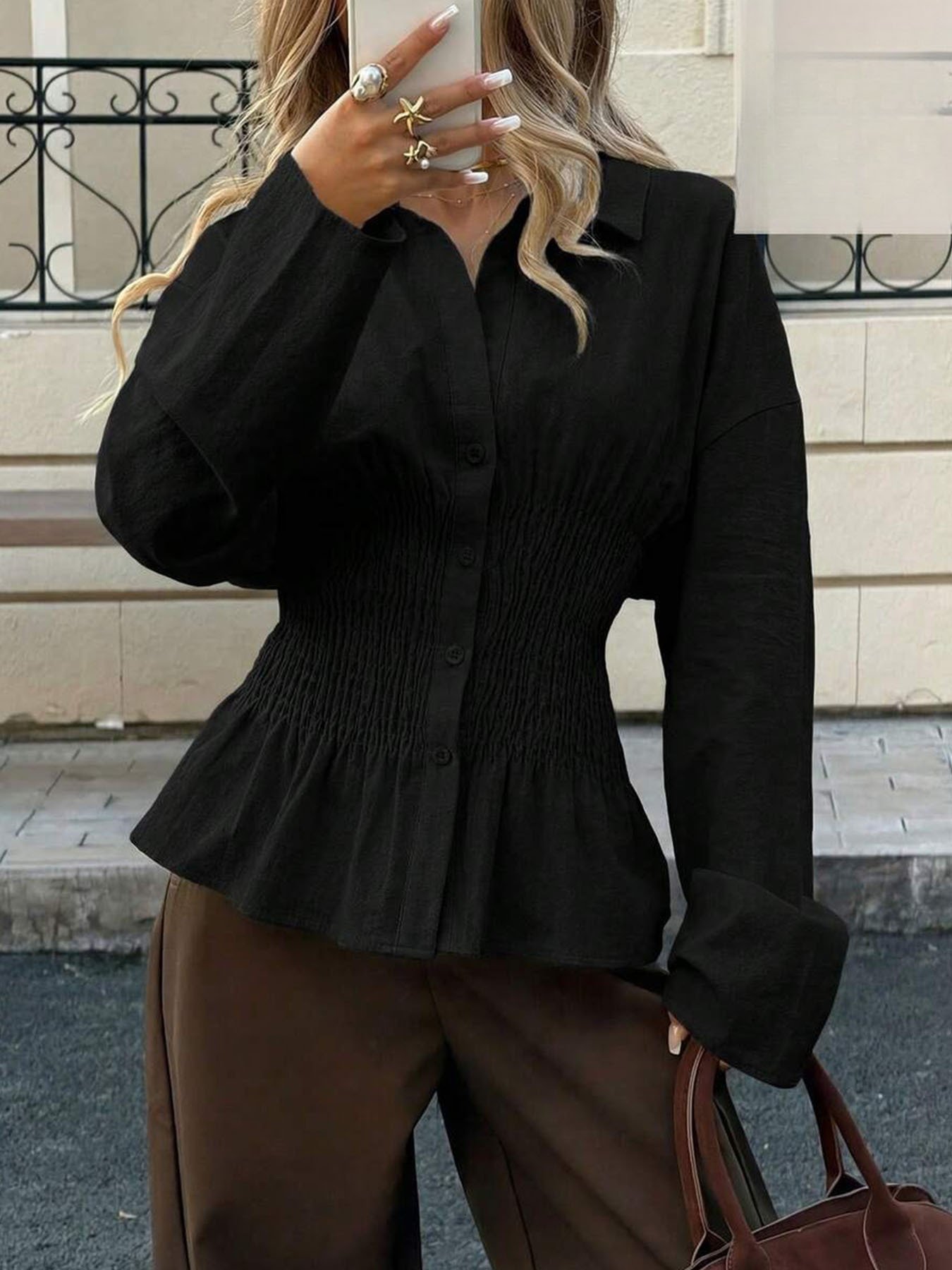 Elegant Solid-color Pleated Waist-cinching Blouse Top - Image 8