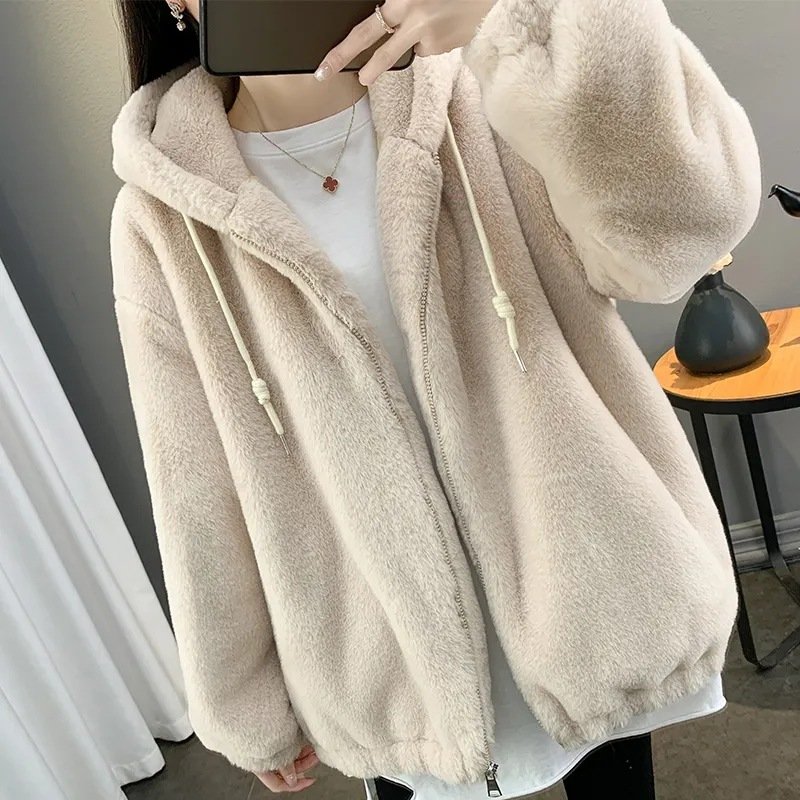 Womens Solid-Color Plush Winter Coat With Hood - Image 4
