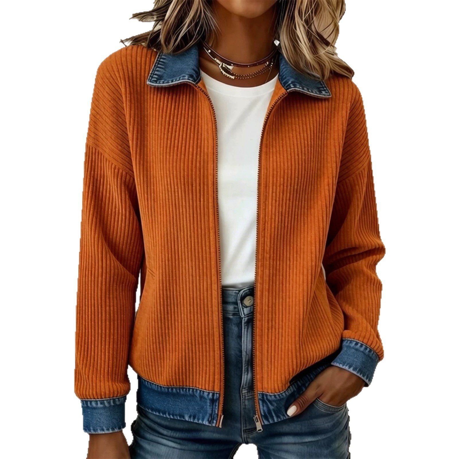 Knitted Patchwork Denim Shirt Womens Cardigan Coat - Image 5