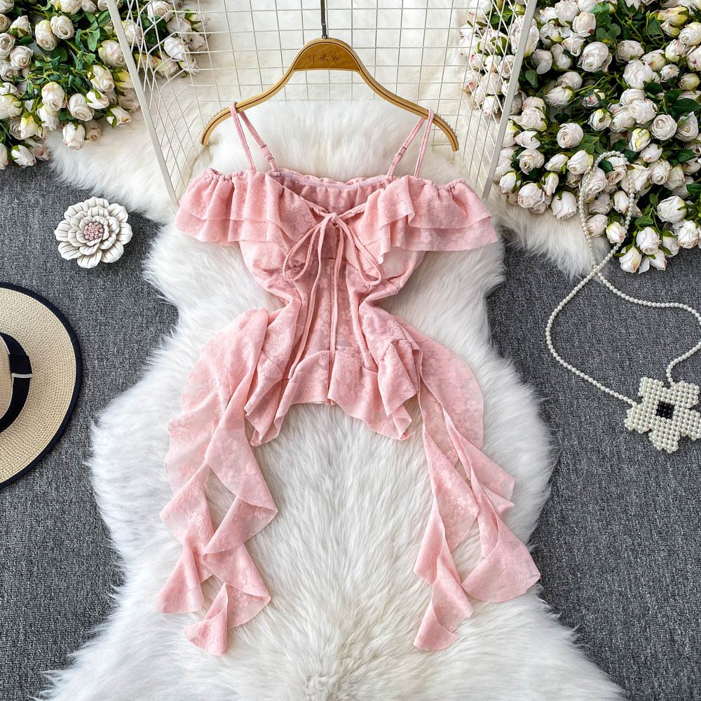 French-style Elegant Off-shoulder Camisole With Ruffled Trim - Image 6