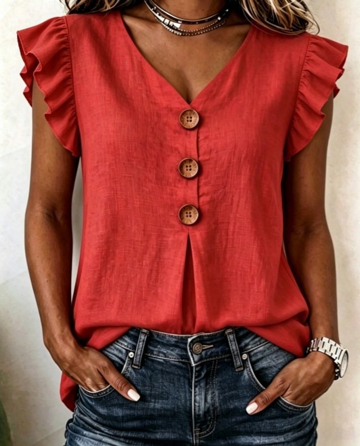 Womens Solid-Color Ruffled V-Neck Cotton-Linen Fashionable Button-Up Top - Image 6