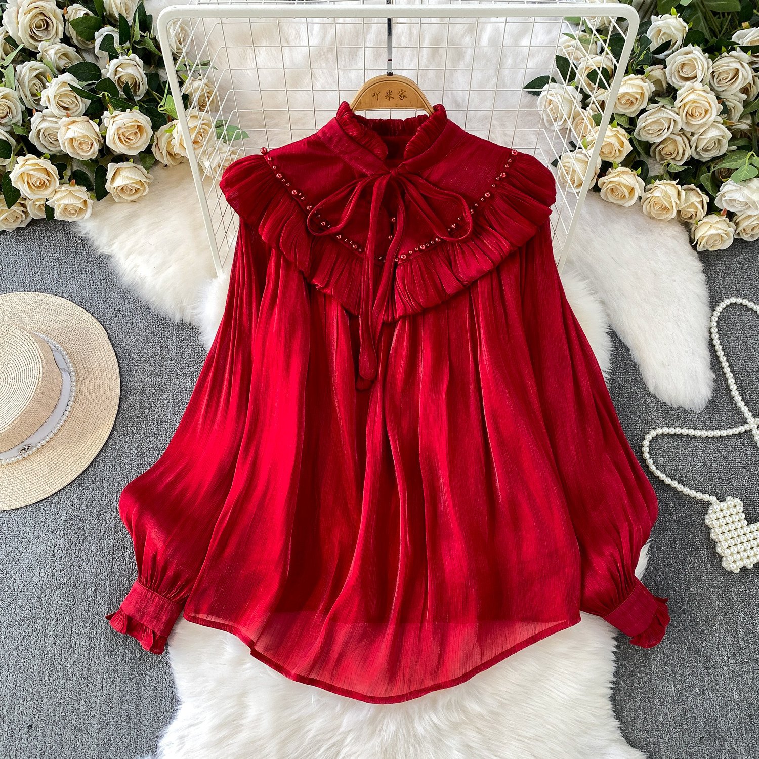 Fairy-style Sweet Ruffled Frill Lace-up Stand-collar Long-sleeve Blouse - Image 9