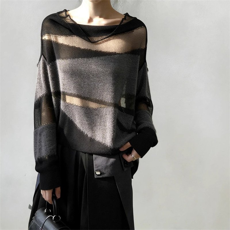 Korean-style Mesh-panel Design Relaxed-fit Blouse Long-sleeve Knit Top - Image 3