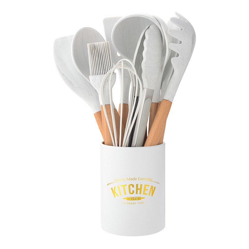 Marbled White Wooden Handle Silicone Kitchenware Set - Image 5