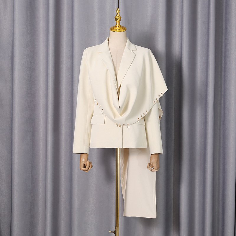 Waterfall Draped Pearl Crystal Bead Trim Asymmetrical Tailored Blazer - Image 6