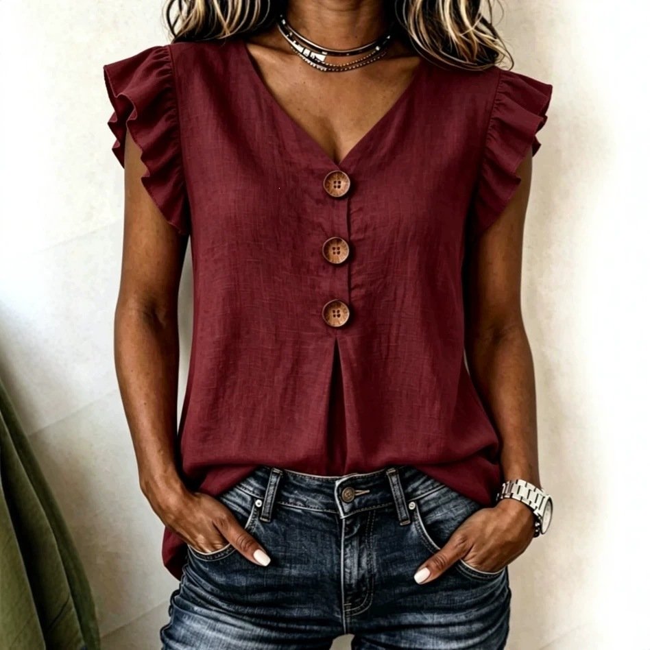 Womens Solid-Color Ruffled V-Neck Cotton-Linen Fashionable Button-Up Top - Image 2