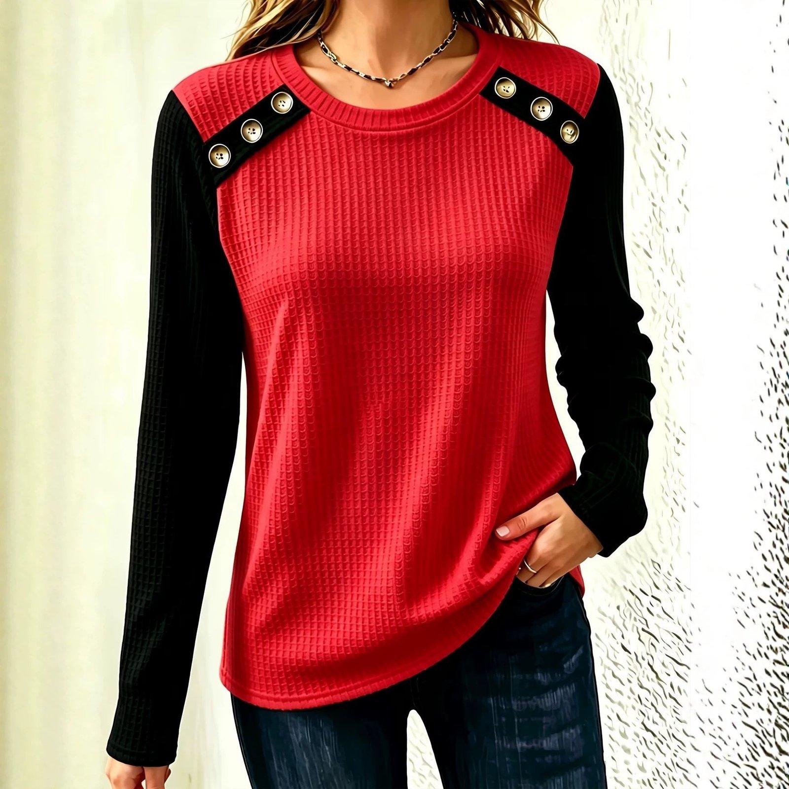 FallWinter Crew-neck Patchwork Waffle-knit Long-sleeve Top - Image 3