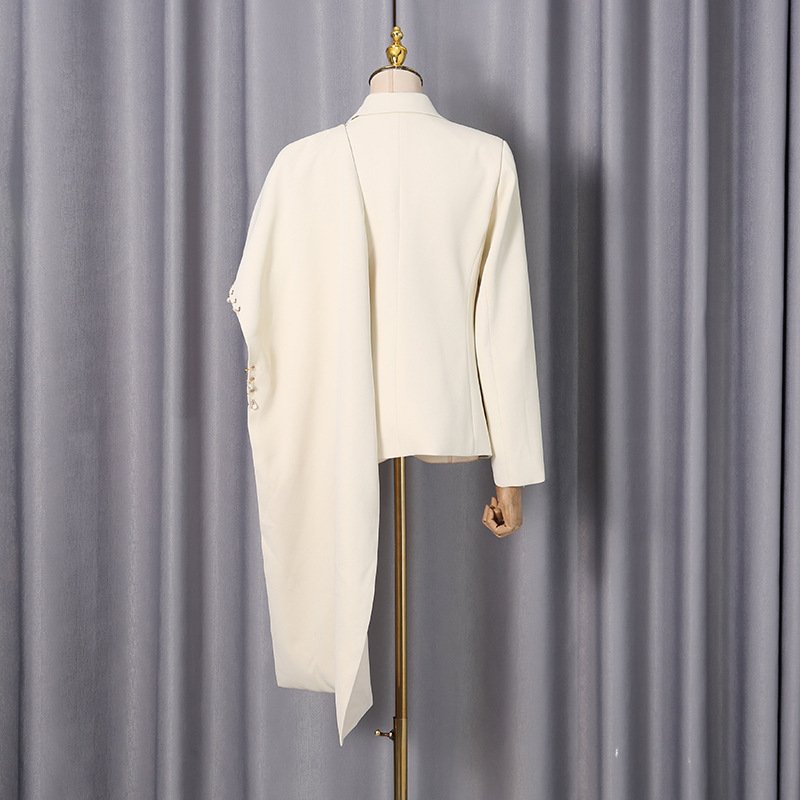 Waterfall Draped Pearl Crystal Bead Trim Asymmetrical Tailored Blazer - Image 7
