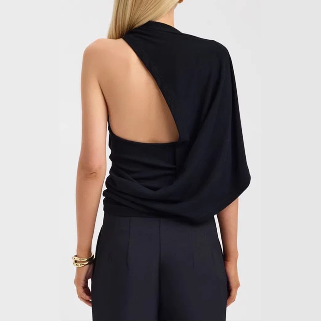 Black Backless Pleated Slim-Fit Commuter Short T-Shirt - Image 4