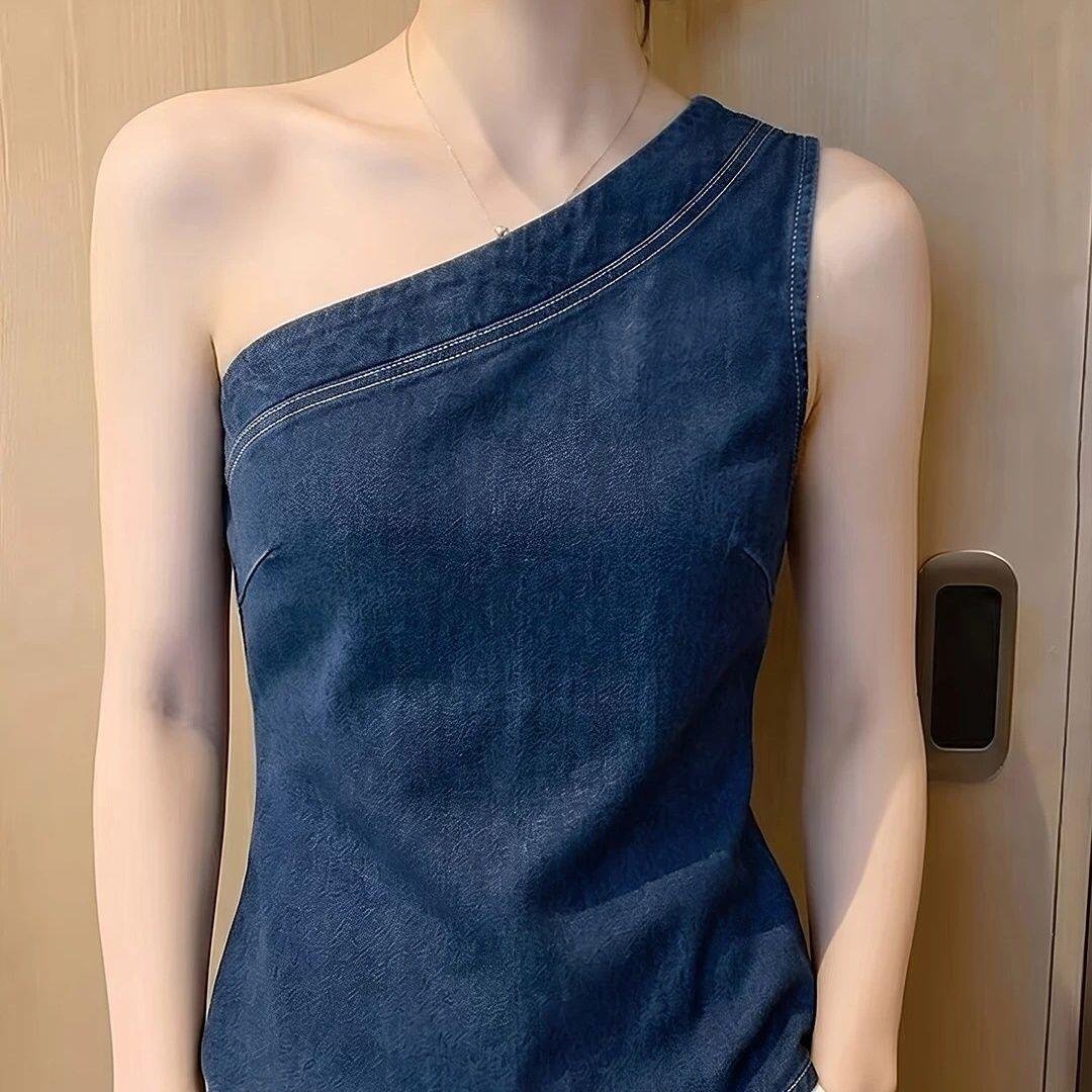 Light-luxury Sleeveless Blue Slim-fit Denim Top New Style - Image 2