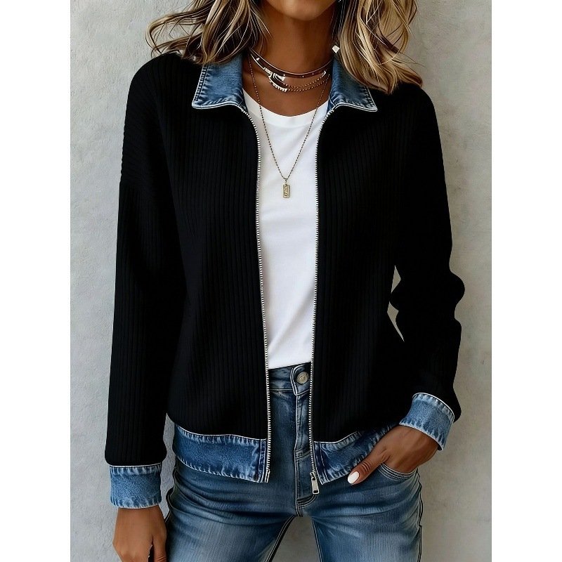 Knitted Patchwork Denim Shirt Womens Cardigan Coat - Image 7