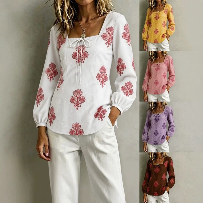 Womens Casual Long-sleeve Square-neck Top With A Standard Digital Print