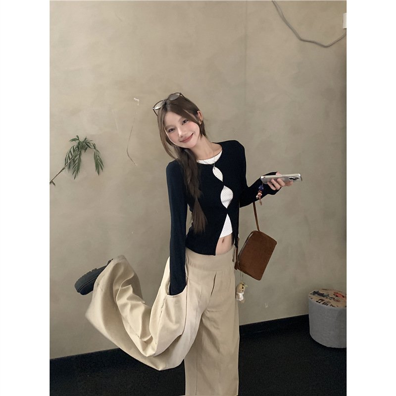 Black Illusion Two-piece Hollow-out Long-sleeve Top - Image 3