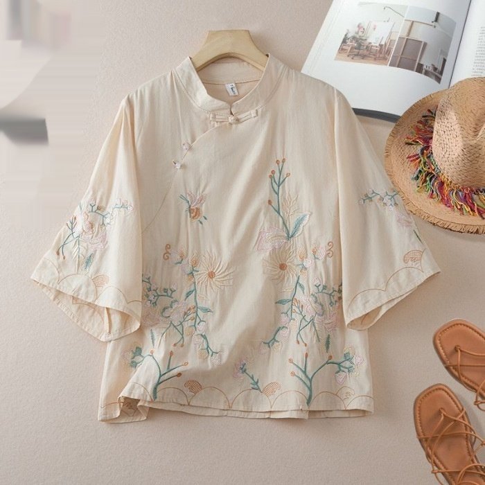 Chinese-style Embroidered Ramie Shirt For Women Spring Season With A Slanted Placket - Image 7
