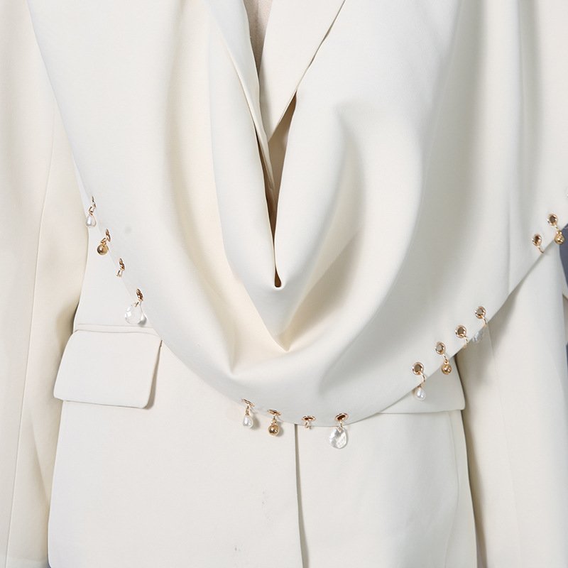 Waterfall Draped Pearl Crystal Bead Trim Asymmetrical Tailored Blazer - Image 5
