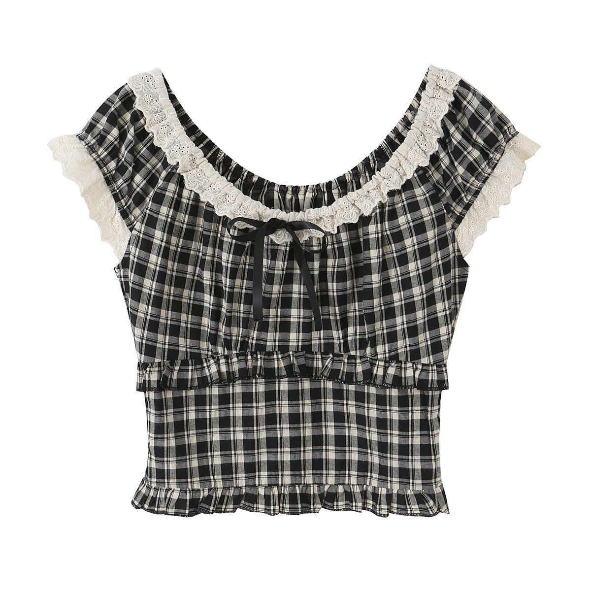 French-style Vintage Plaid Top With Ruffled Trim And Small Puff Sleeves - Image 6
