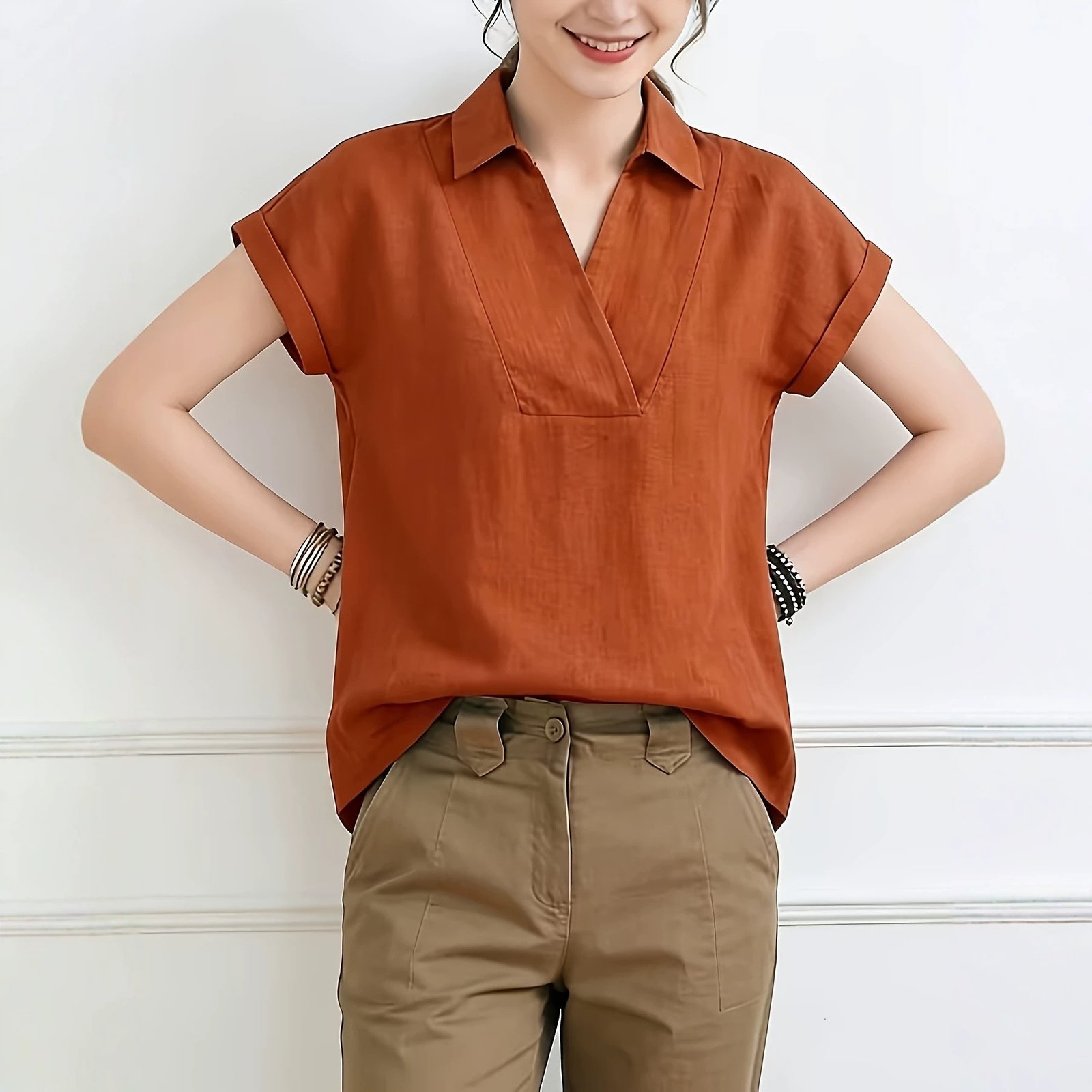 Womens Solid-color Loose-fit Casual Short-sleeve Lapel Top - Image 3