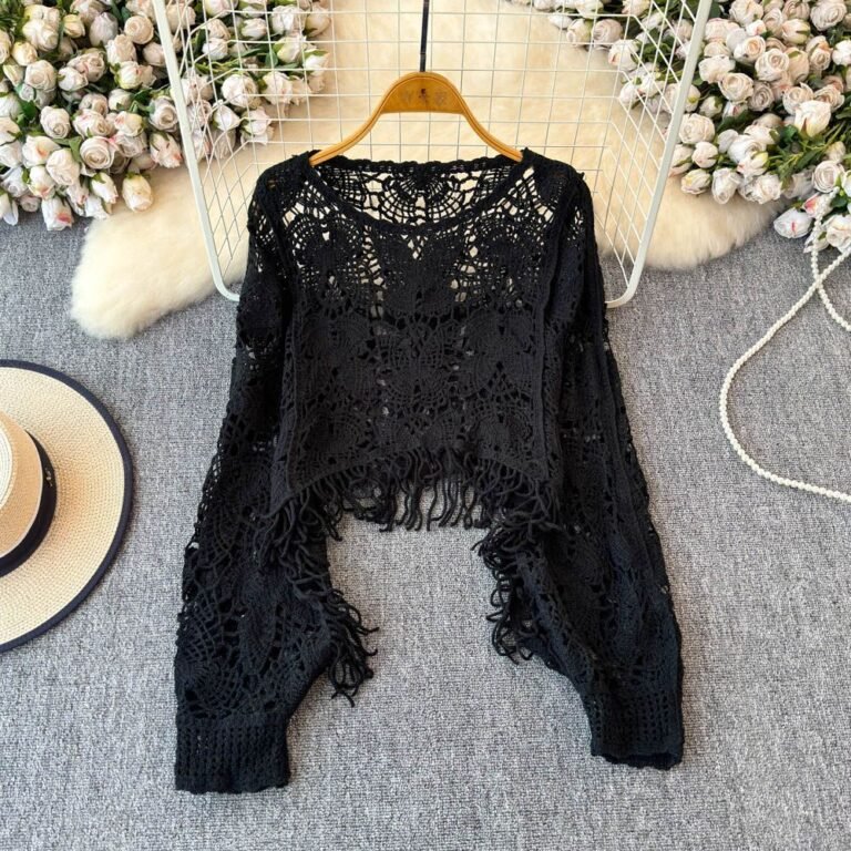 Womens Hollowed-Out Long-Sleeve Knitted Blouse