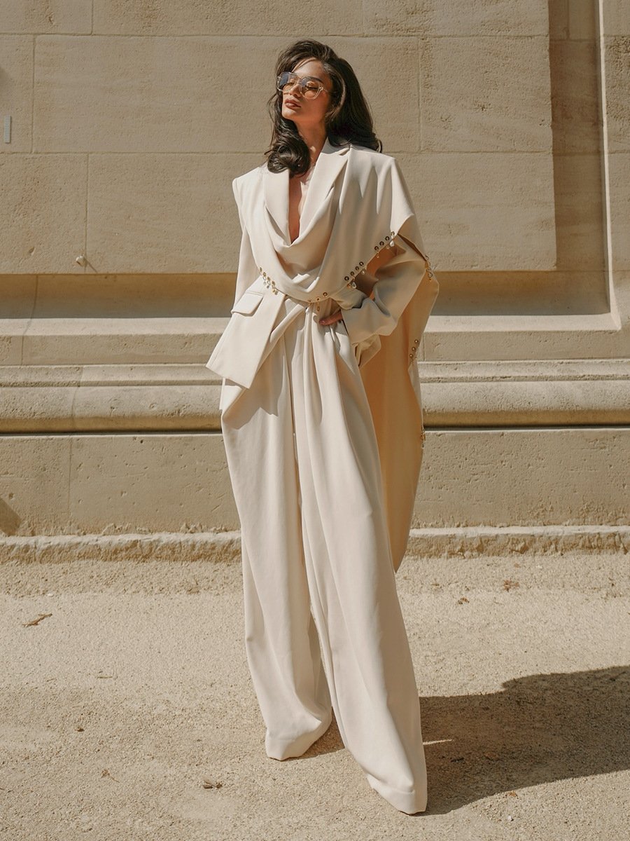Waterfall Draped Pearl Crystal Bead Trim Asymmetrical Tailored Blazer - Image 4