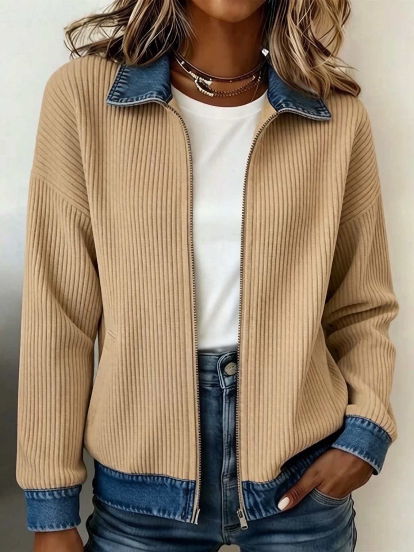 Knitted Patchwork Denim Shirt Womens Cardigan Coat - Image 8