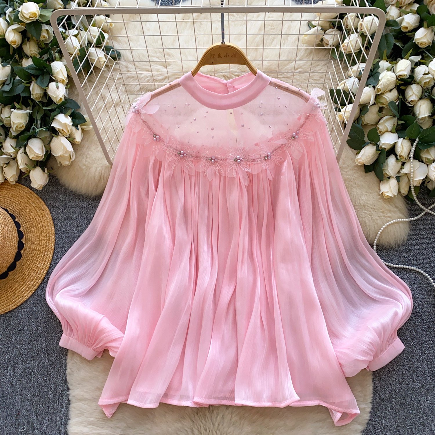 Fairy-style Puff-sleeve Mesh Long-sleeve Floral Blouse - Image 2